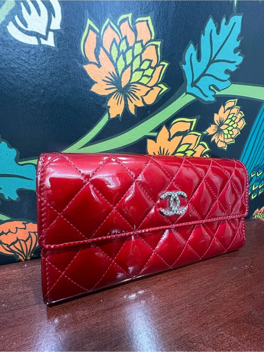 Chanel Classic Red Patent Quilted Long Flap Wallet Silver CC 13 Series